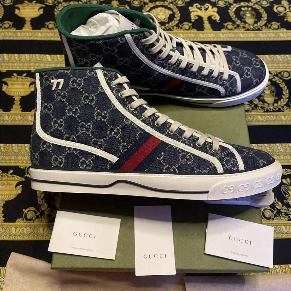 Gucci Tennis 1977 Denim Sneakers GG Logo Monogram 14. NEW